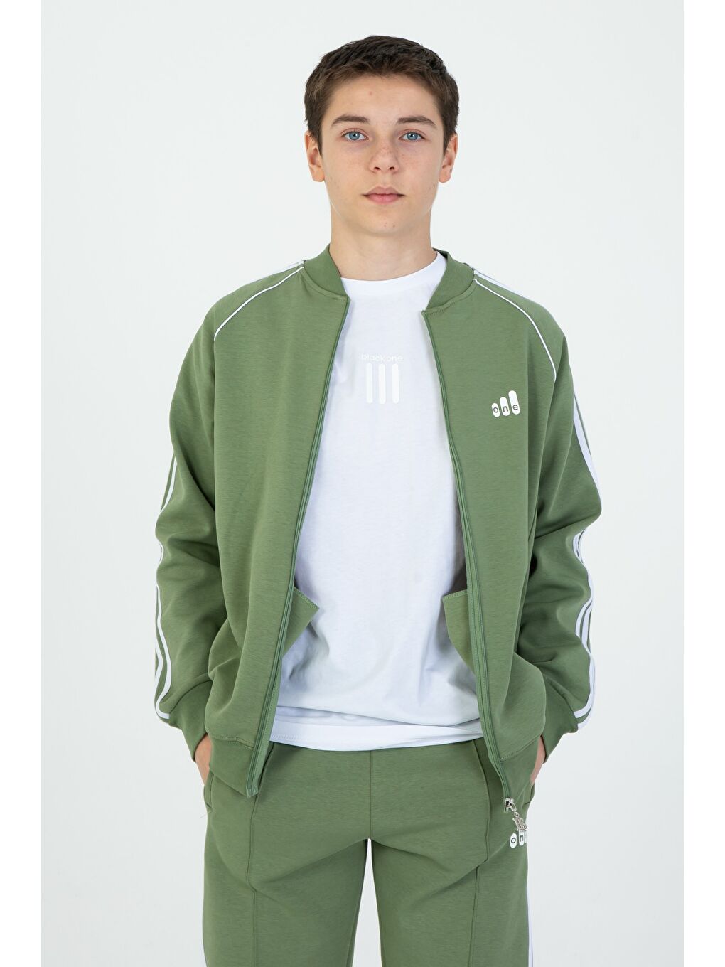 Haki Kol Şerit Detaylı Fermuarlı Cift Cepli 3'Lü Eşofman Takım-3