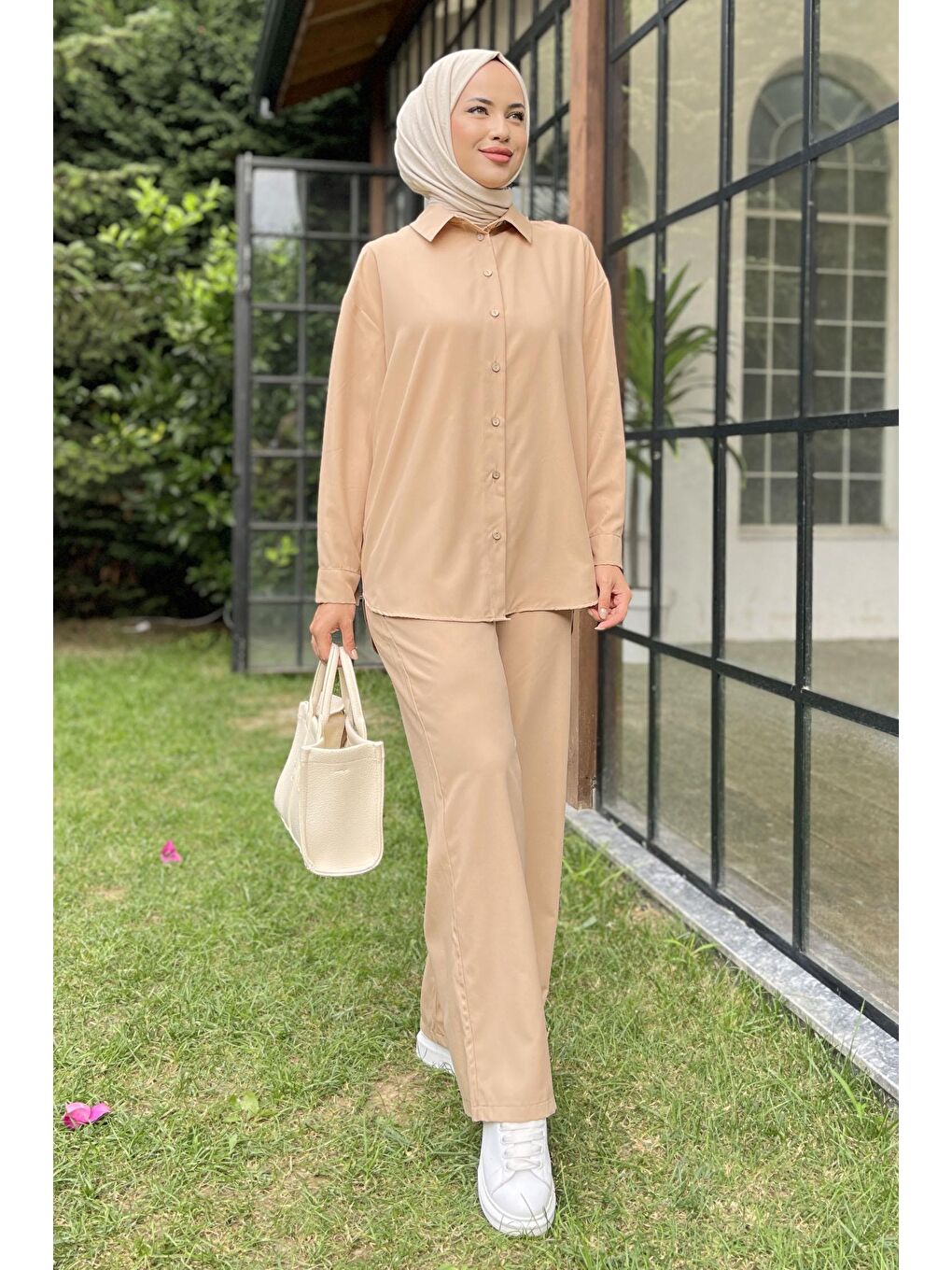 Gömlek Yaka Kadın Bej Tunik+Pantolon - 11339