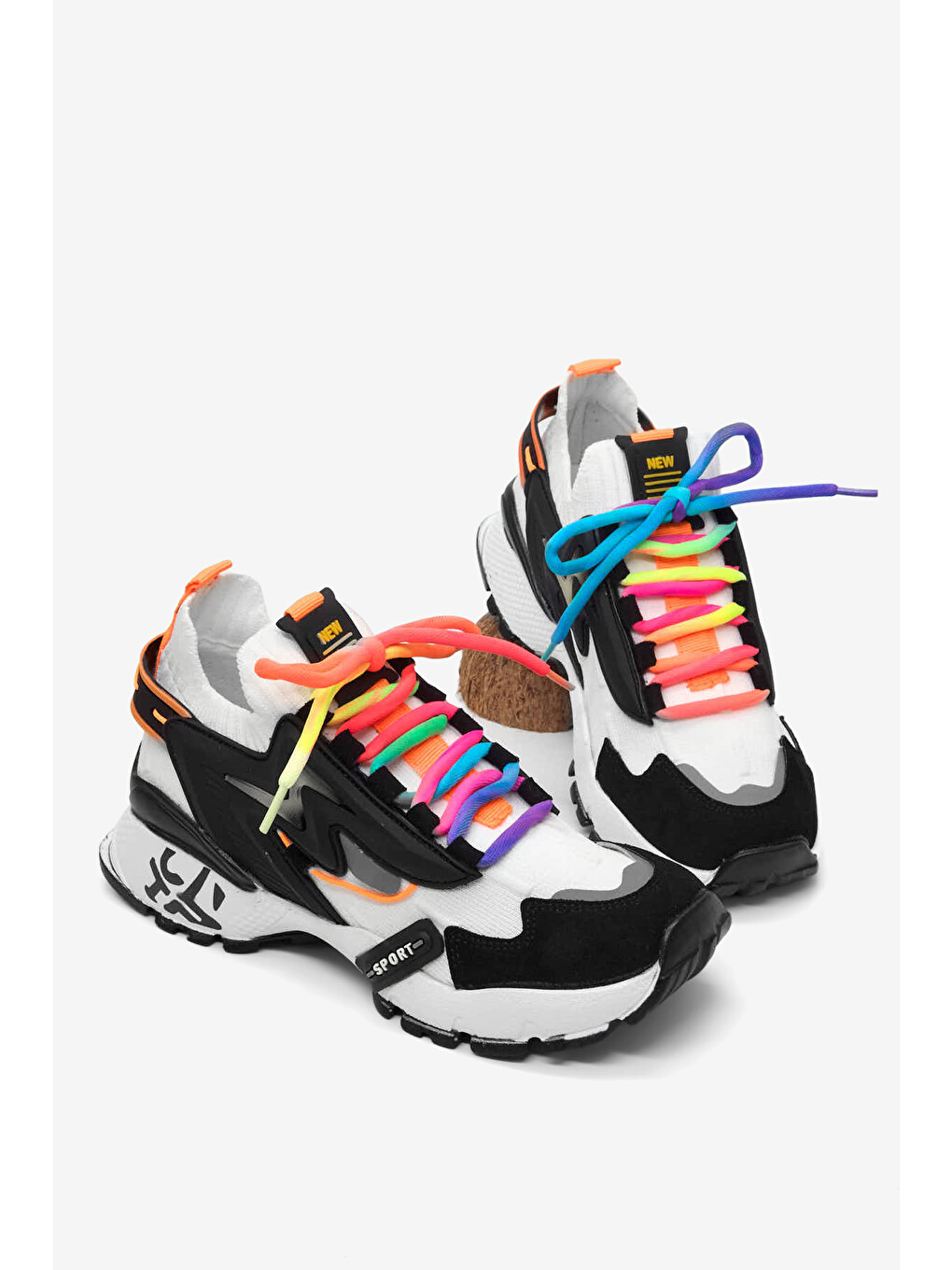 Kadın Siyah Beyaz Rahat Kalıp Renkli Lastik Boğazlı Bağcıklı Sneaker-3
