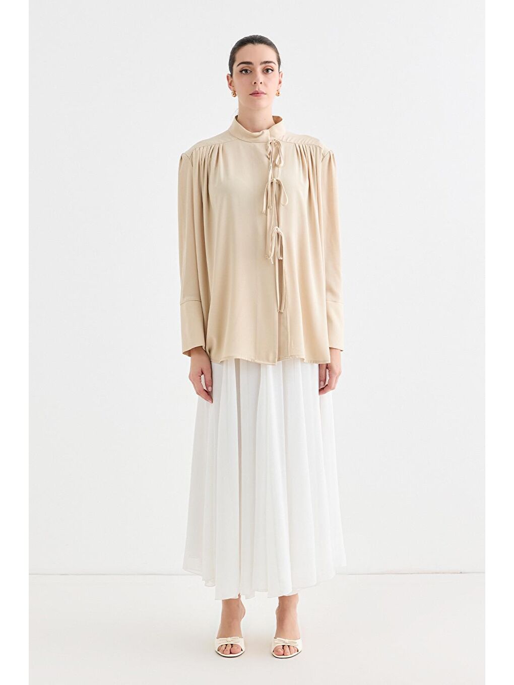 Ekru Valen Vatkalı Gömlek Ceket Krem