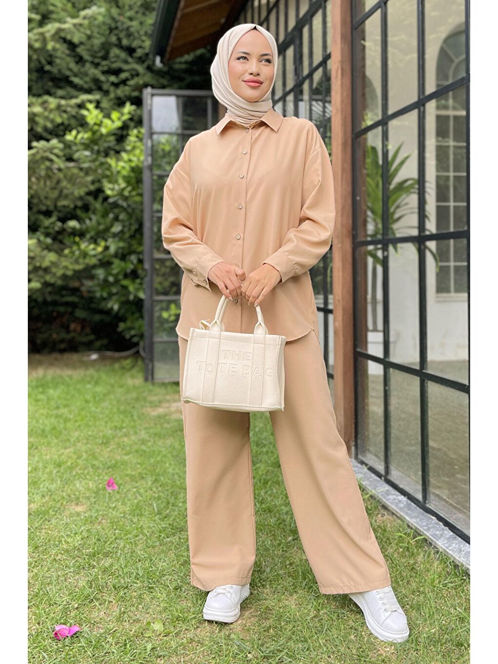 Gömlek Yaka Kadın Bej Tunik+Pantolon - 11339-1