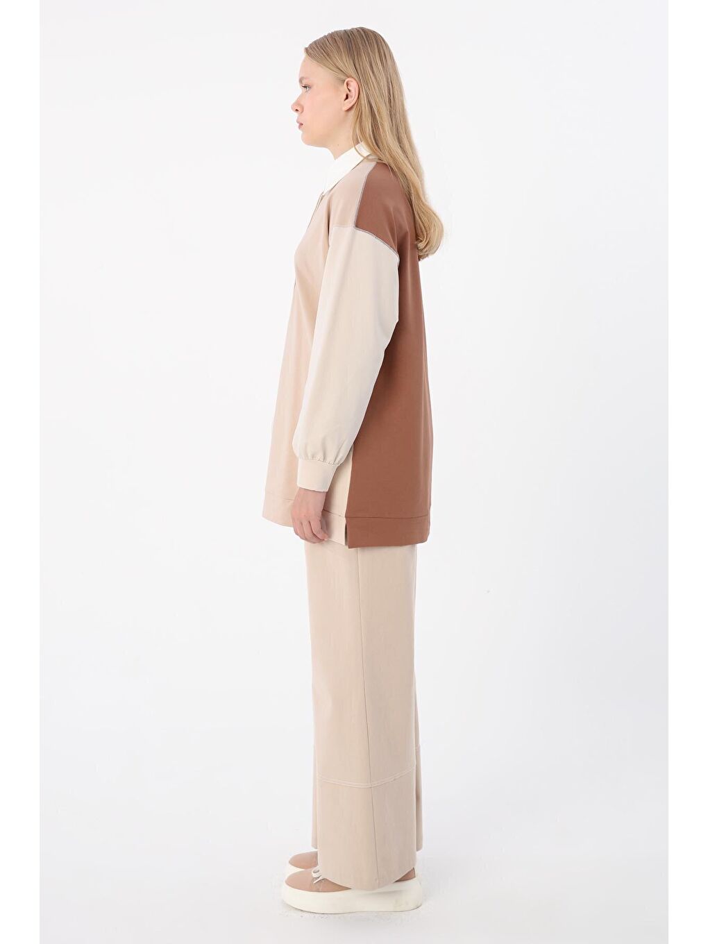 Bej-Kahve Pamuklu Garnili İnce Karyoka Dikişli Tunik-2