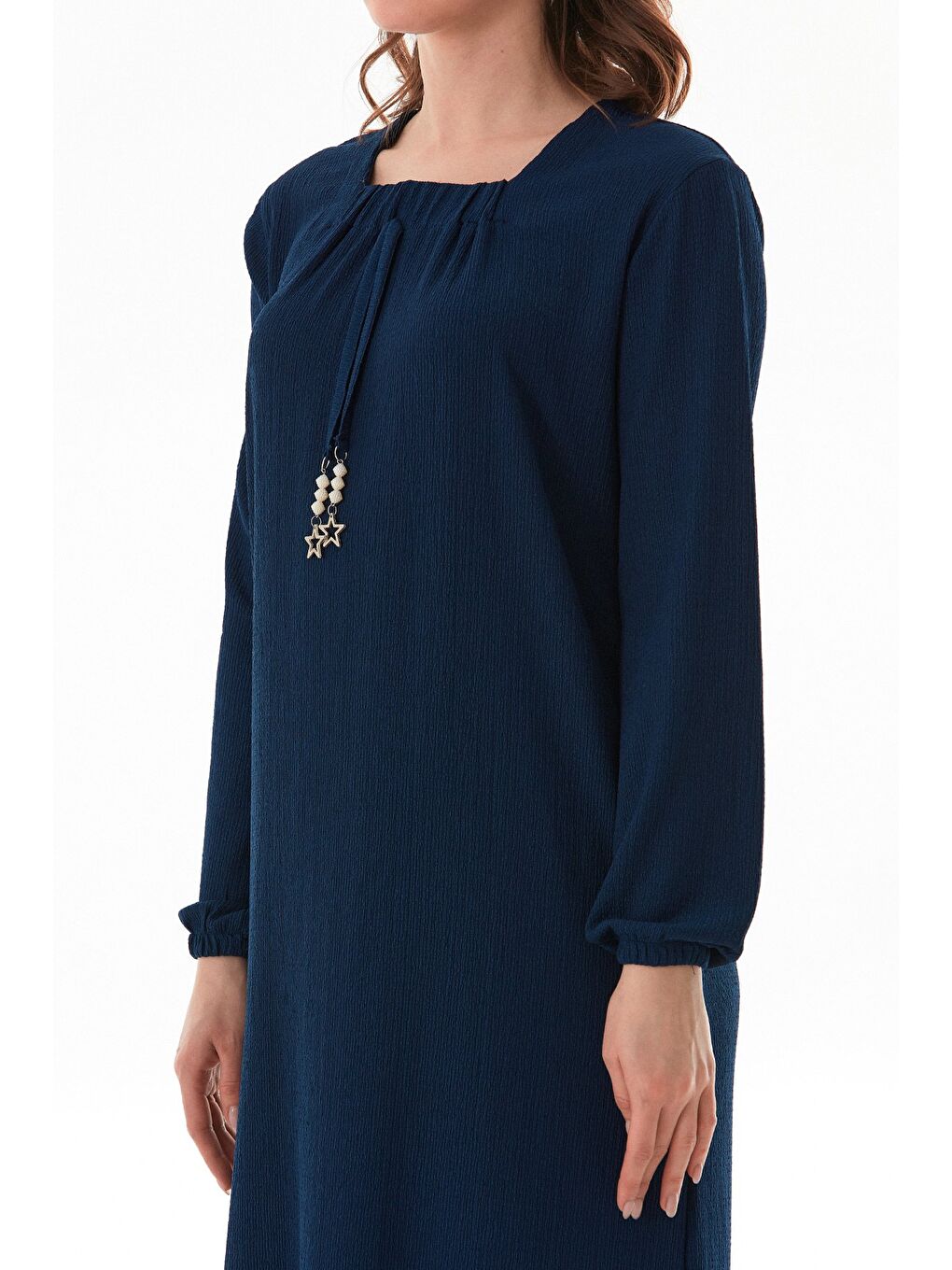 Lacivert Fullamodest Aksesuarlı Bürümcük Kumaş Büyük Beden Elbise-4