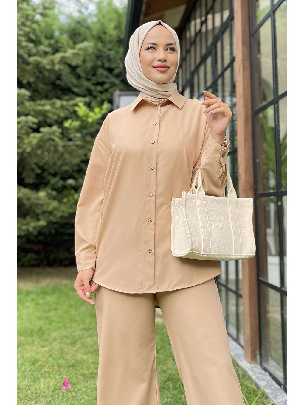 Gömlek Yaka Kadın Bej Tunik+Pantolon - 11339-2