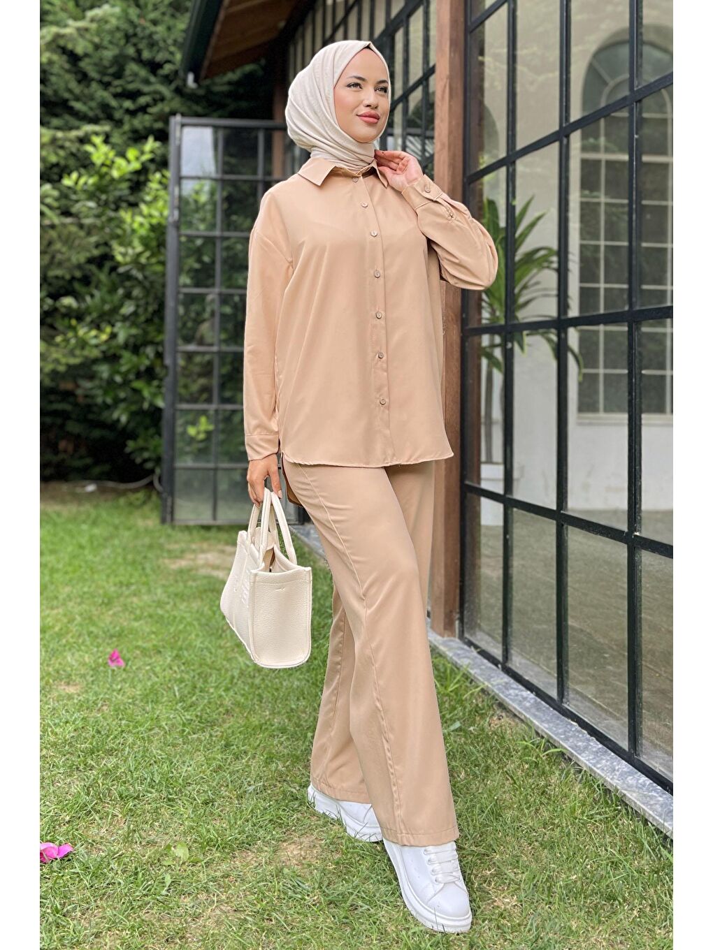 Gömlek Yaka Kadın Bej Tunik+Pantolon - 11339-3