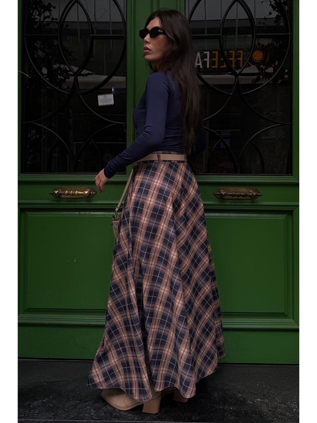 Lacivert Ekose Desen Kemerli Uzun Etek Mg2635-2