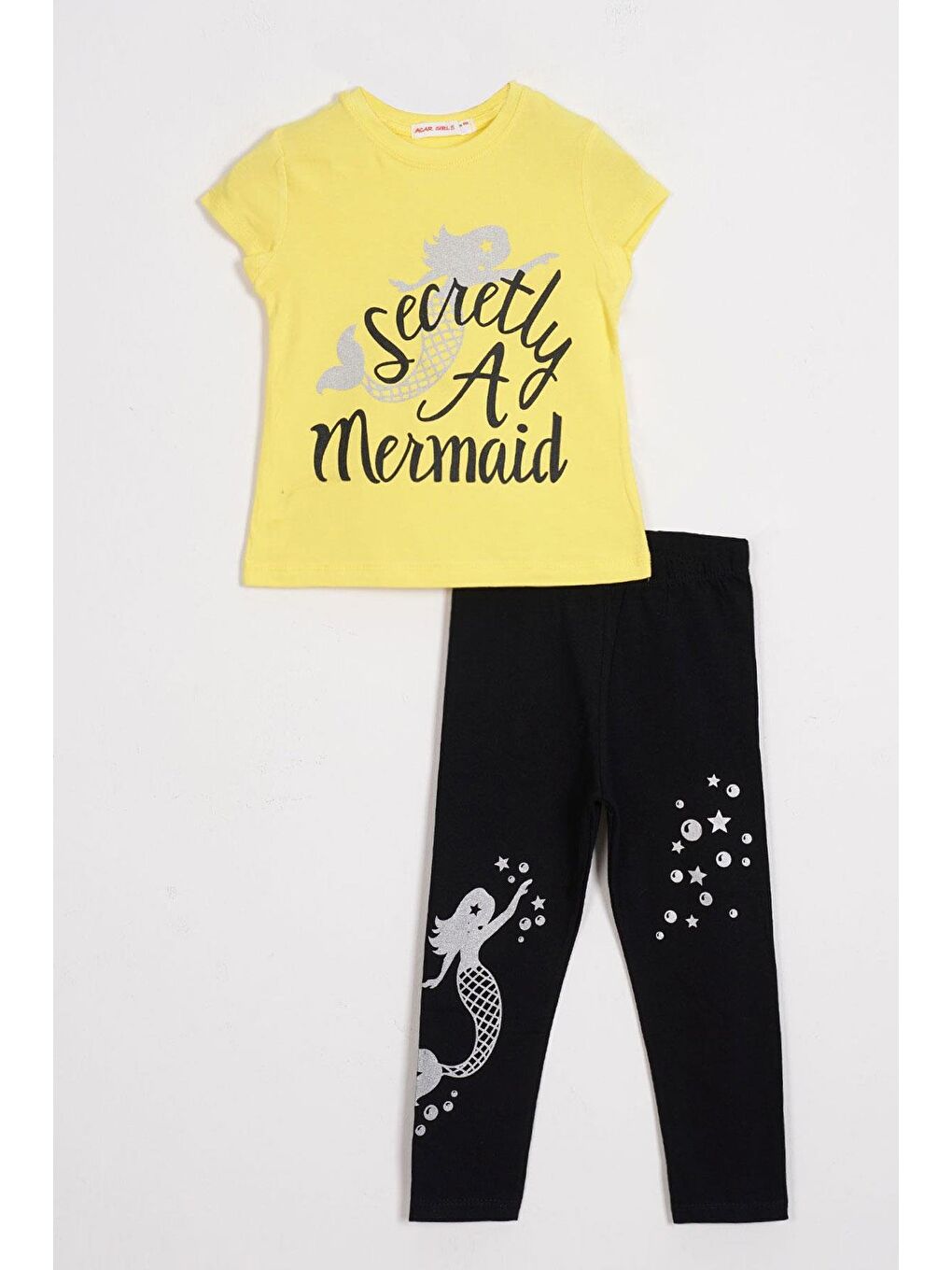 Kısa Kol Yazı Baskılı Açık Sarı Renk Kız Çocuk Taytlı Takım