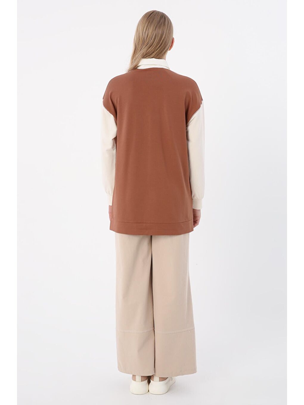 Bej-Kahve Pamuklu Garnili İnce Karyoka Dikişli Tunik-3