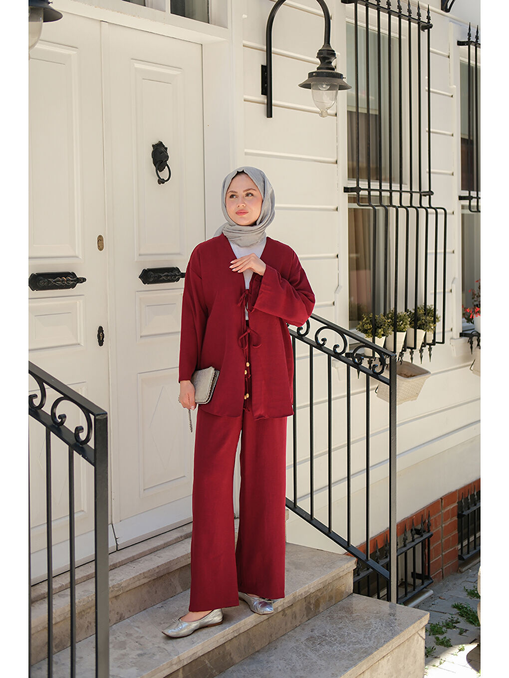 Kadın Ön Bağlama Detaylı Takım Bordo-2