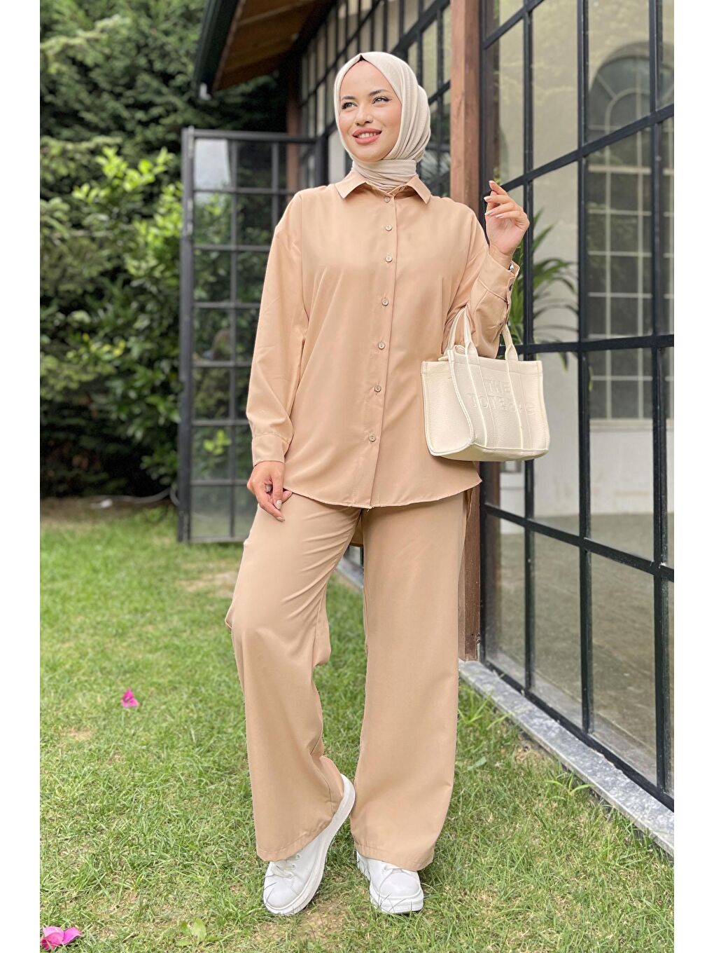 Gömlek Yaka Kadın Bej Tunik+Pantolon - 11339-4