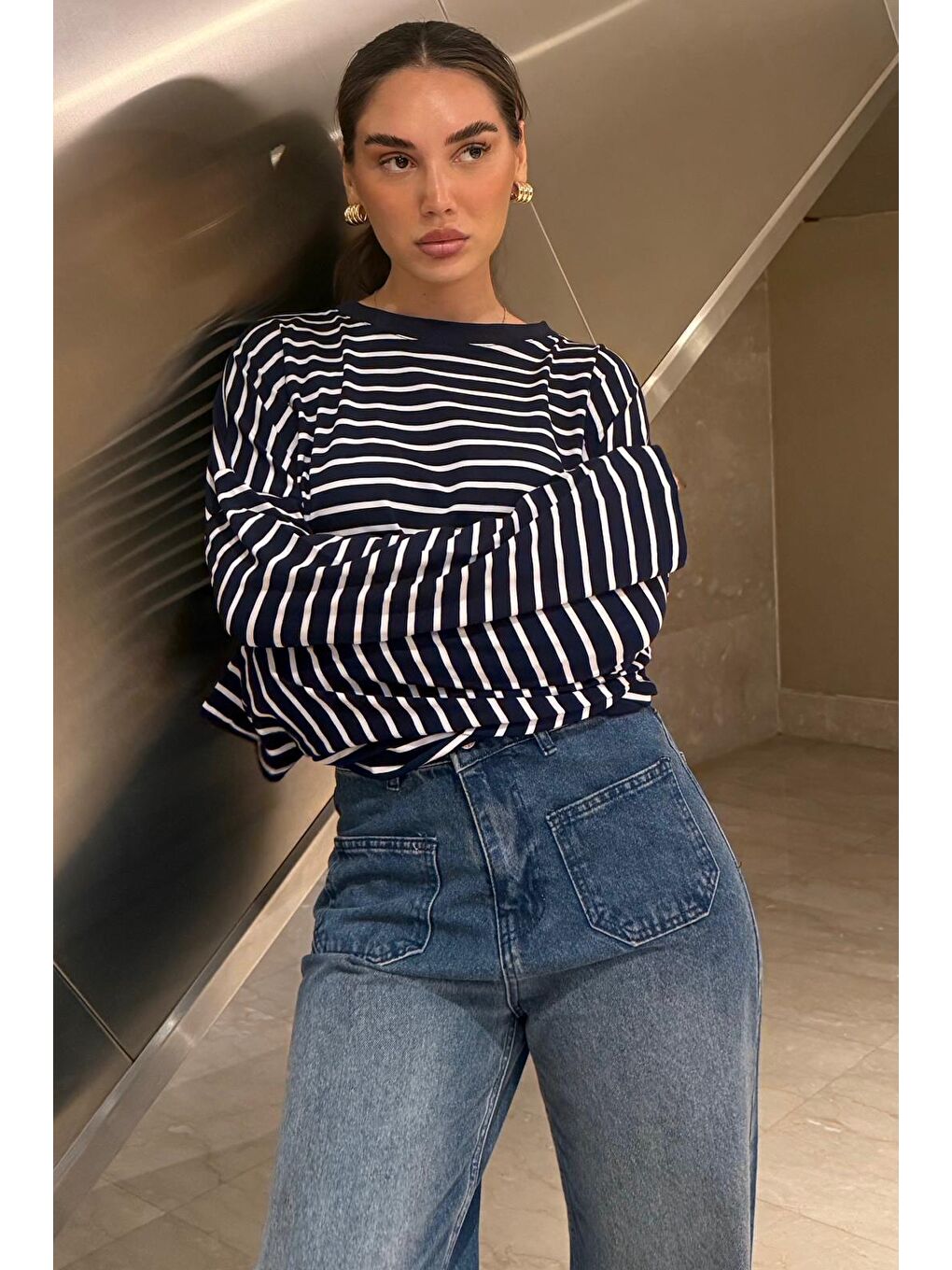 Lacivert Çizgili Sweatshirt Mg2572-7