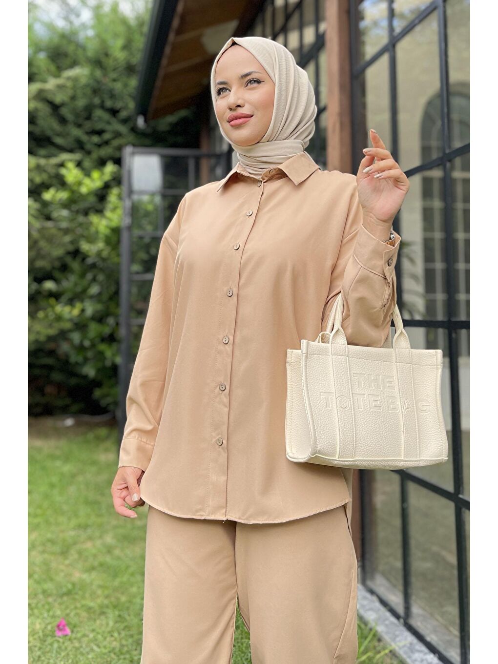Gömlek Yaka Kadın Bej Tunik+Pantolon - 11339-5