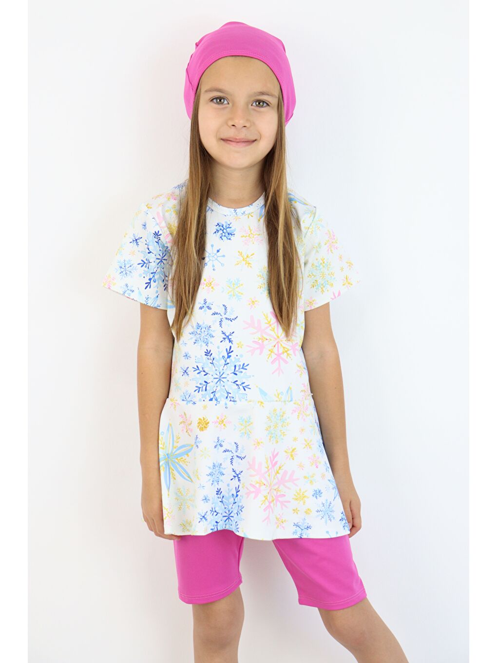 Beyaz Kız Çocuk Bisiklet Yaka Etekli Mayo ve Tayt Bone-1