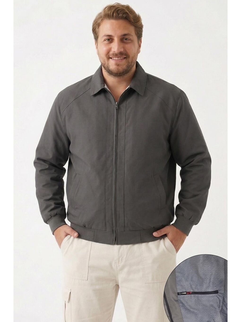 Gri Erkek Dik Yaka Fermuarlı Basic Bomber Mont Ceket