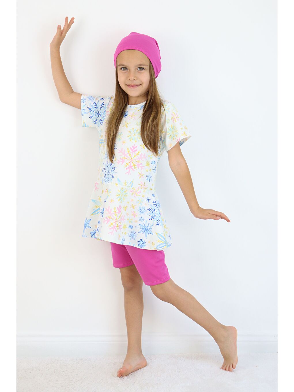 Beyaz Kız Çocuk Bisiklet Yaka Etekli Mayo ve Tayt Bone-2