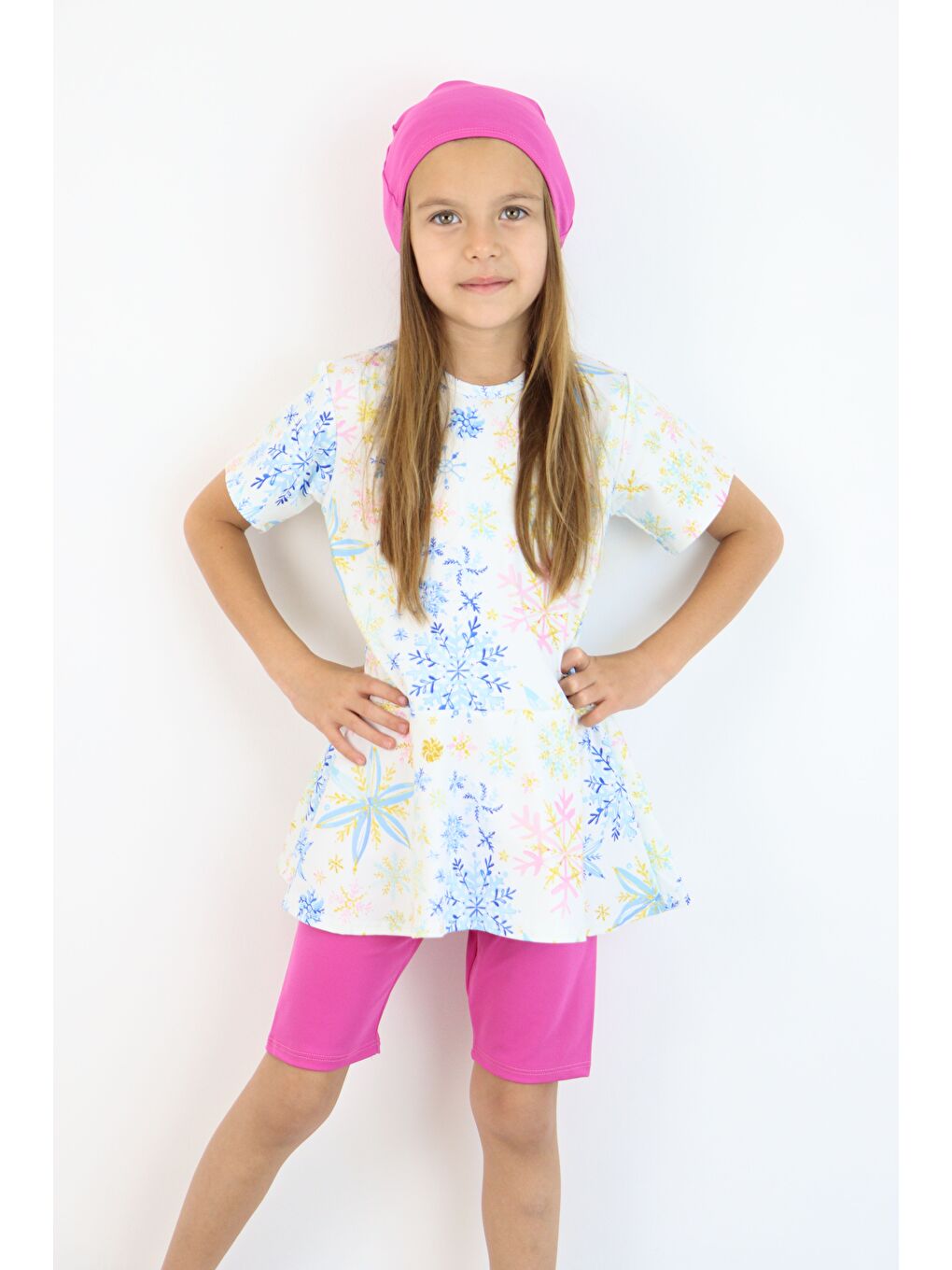 Beyaz Kız Çocuk Bisiklet Yaka Etekli Mayo ve Tayt Bone-3