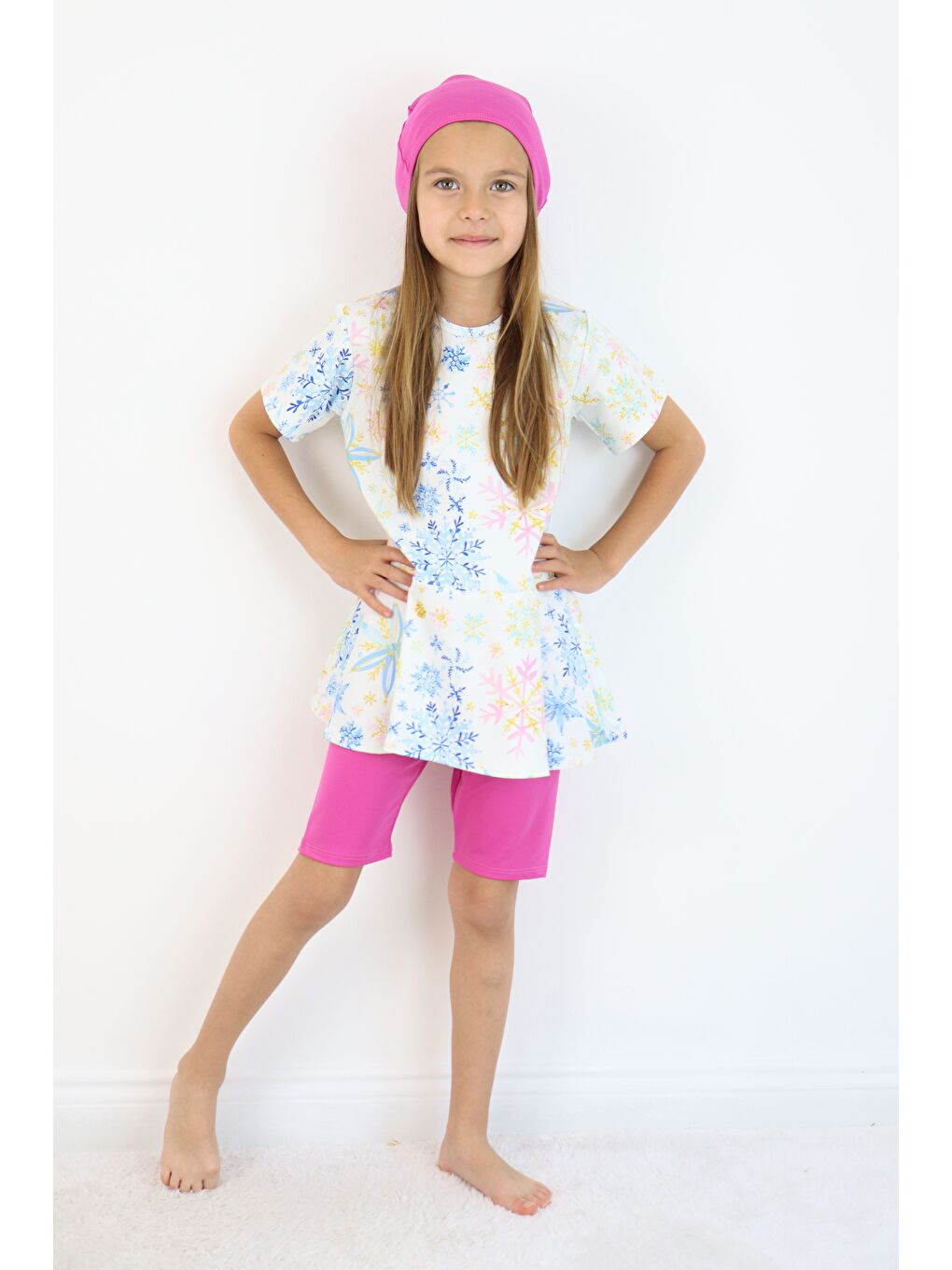 Beyaz Kız Çocuk Bisiklet Yaka Etekli Mayo ve Tayt Bone-4