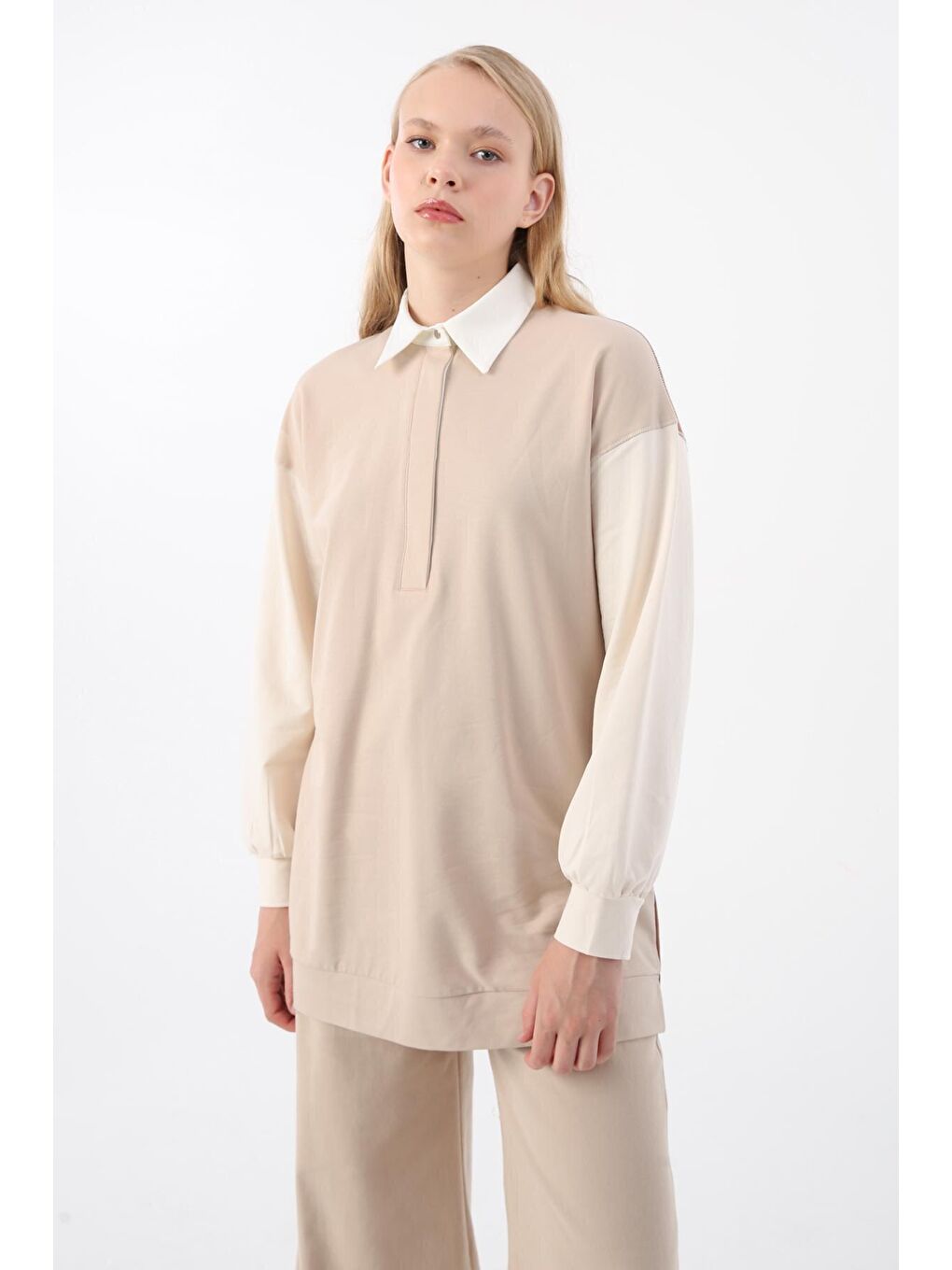 Bej-Kahve Pamuklu Garnili İnce Karyoka Dikişli Tunik-4