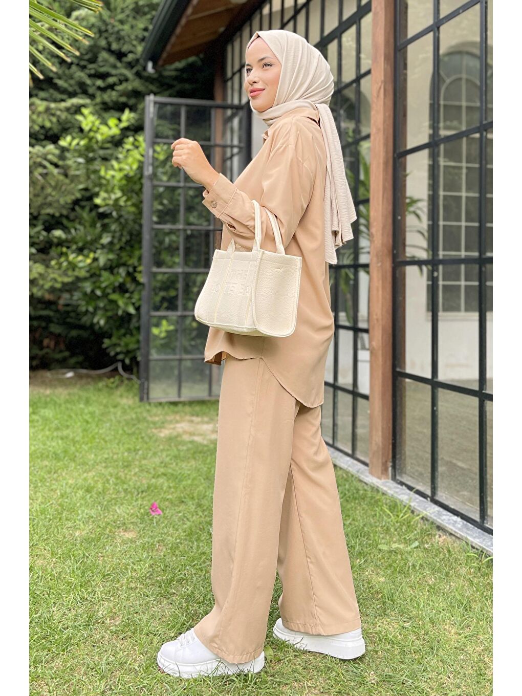 Gömlek Yaka Kadın Bej Tunik+Pantolon - 11339-6