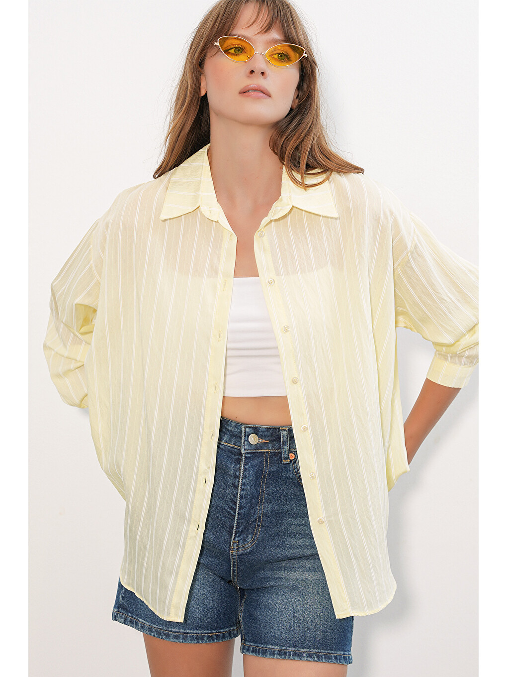 Kadın Çizgili Oversize Gömlek 20293 - Sarı-2