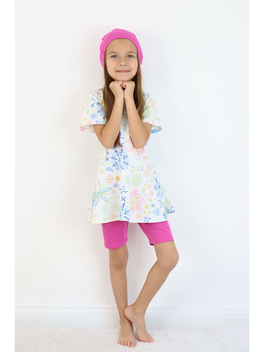 Beyaz Kız Çocuk Bisiklet Yaka Etekli Mayo ve Tayt Bone-6