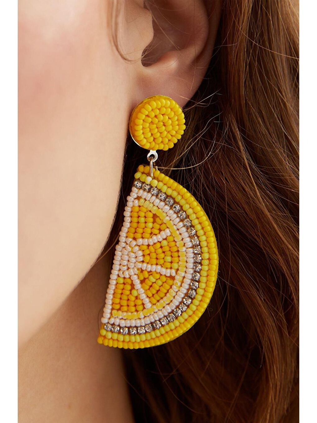 Sarı El Yapımı Boncuklu Limon Küpe-4