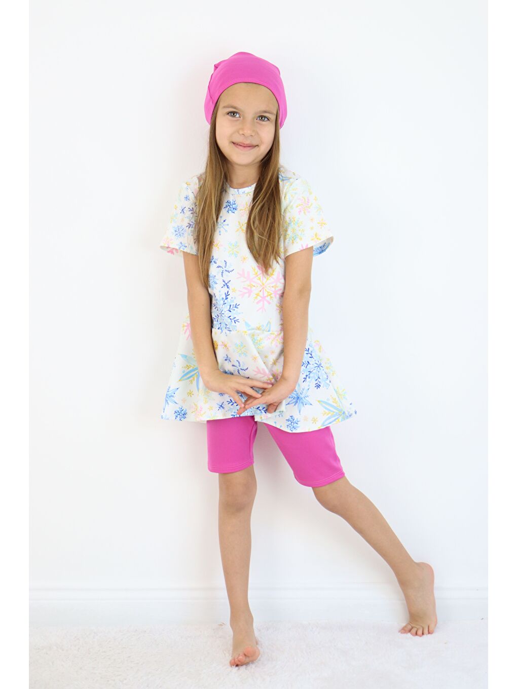 Beyaz Kız Çocuk Bisiklet Yaka Etekli Mayo ve Tayt Bone-7