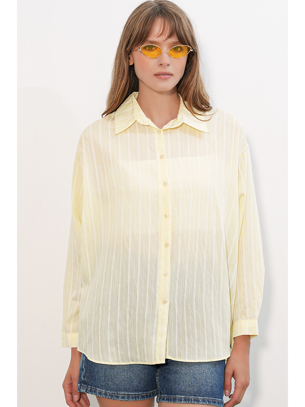 Kadın Çizgili Oversize Gömlek 20293 - Sarı-3