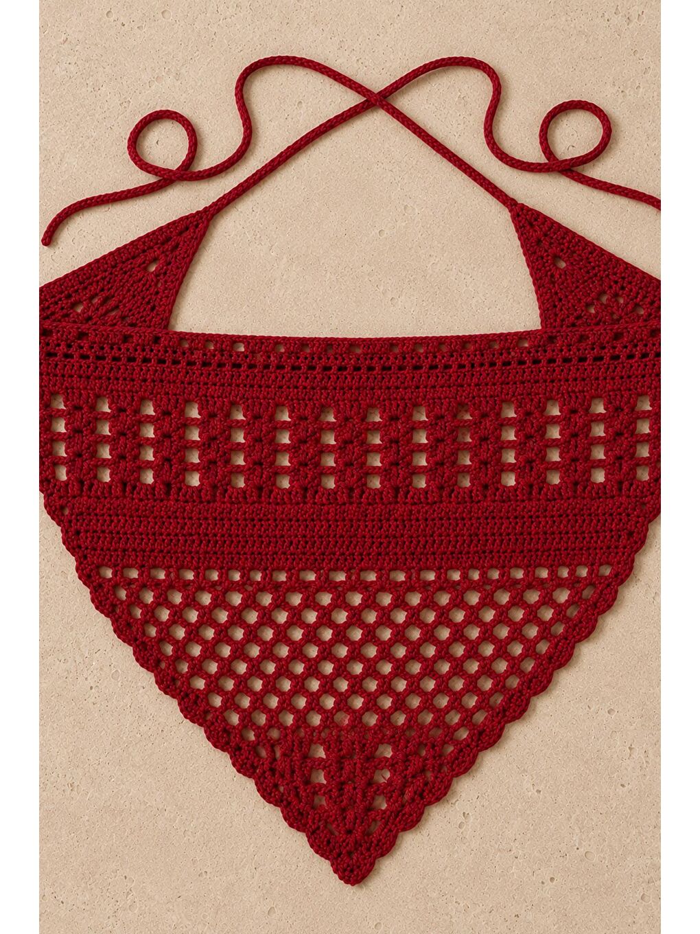 Kırmızı Düz Örgü Crochet Üçgen Bandana-1