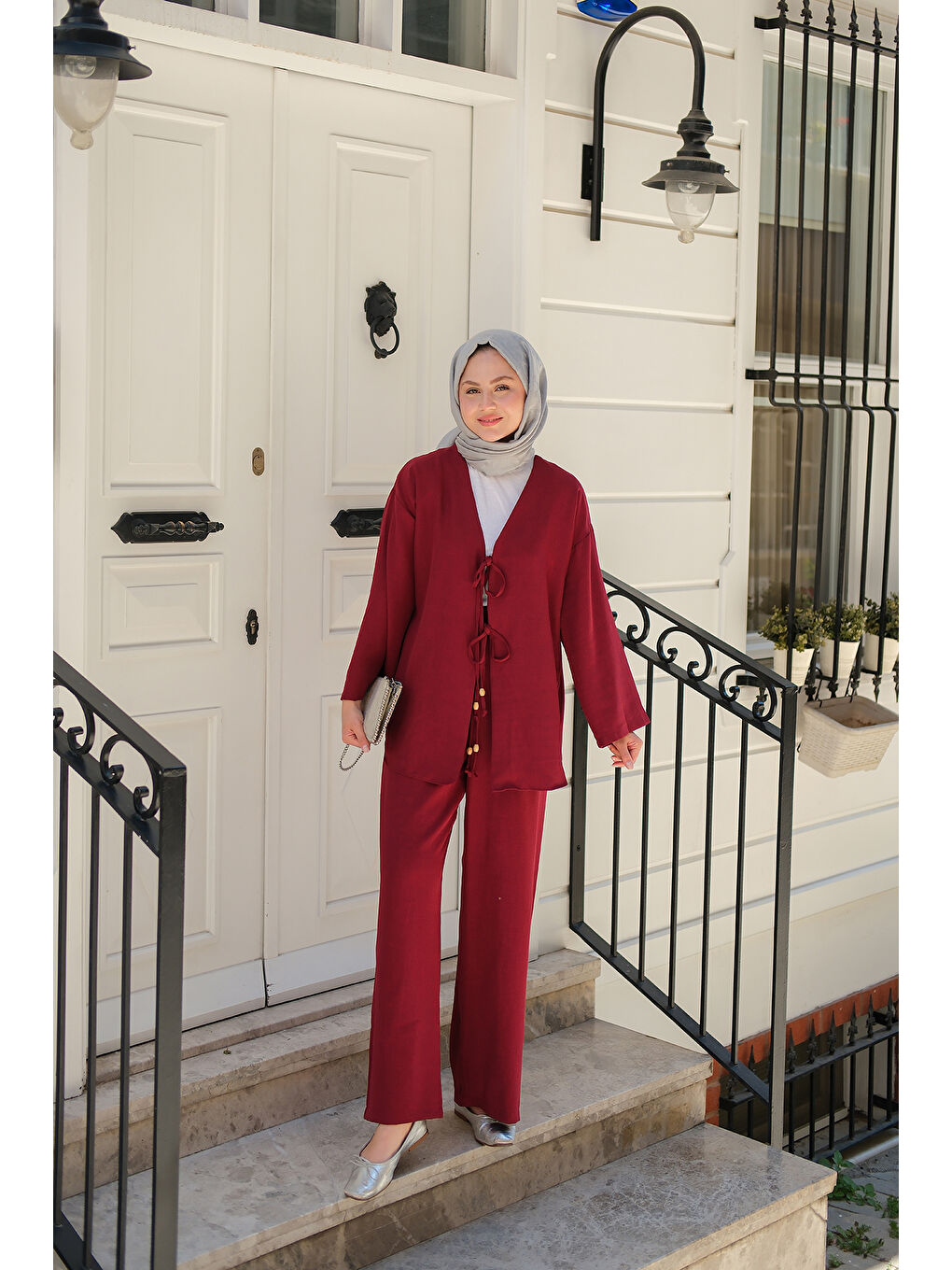 Kadın Ön Bağlama Detaylı Takım Bordo-3