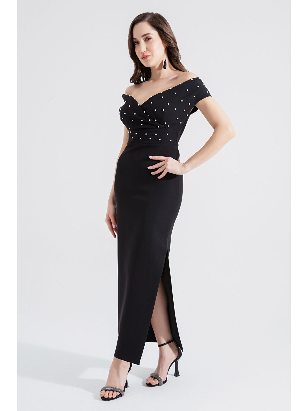 Kadın Siyah Kruvaze Yaka İncili Midi Abiye Elbise-1