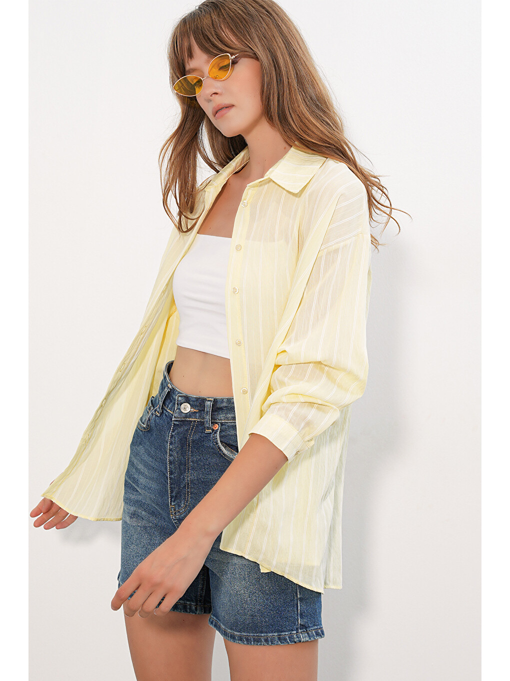 Kadın Çizgili Oversize Gömlek 20293 - Sarı-4