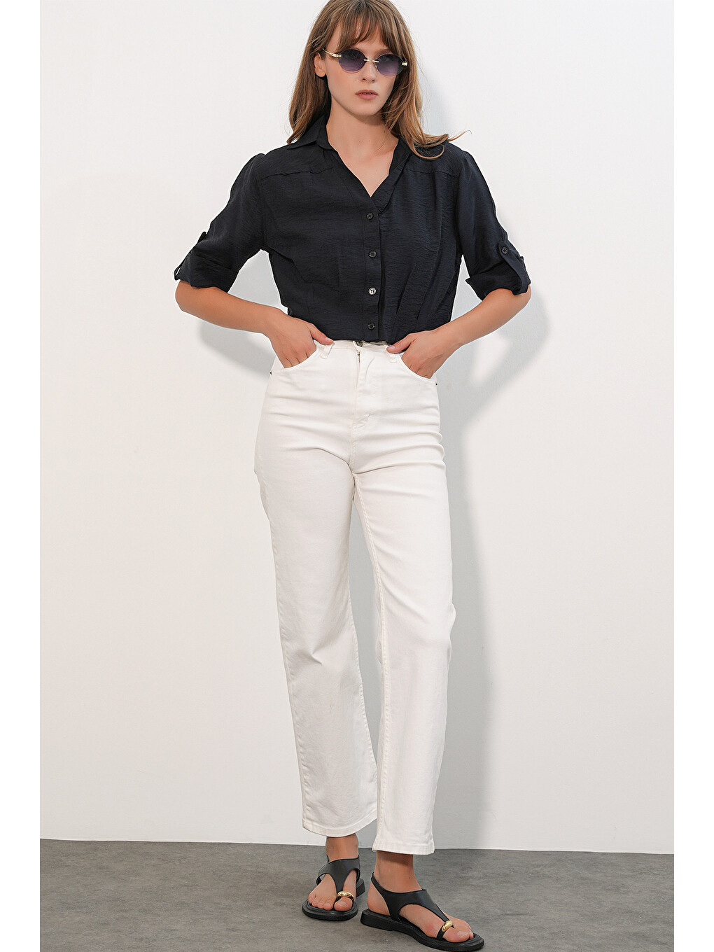 Kadın Crop Oversize Gömlek 20390 - Siyah-1