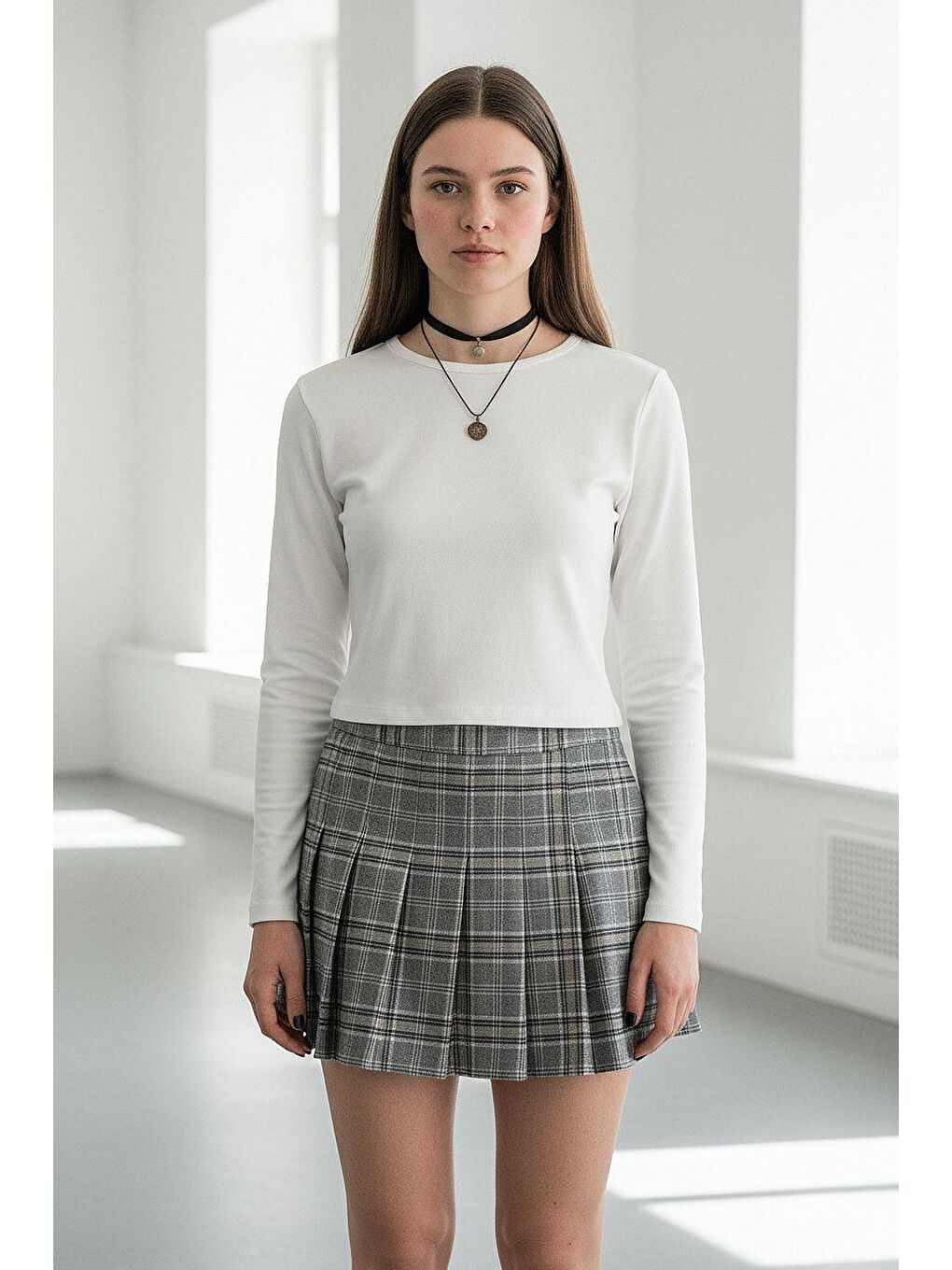 Gri %100 Pamuklu Ekose Desen Pileli Mini Şort Etek Mg2629-6