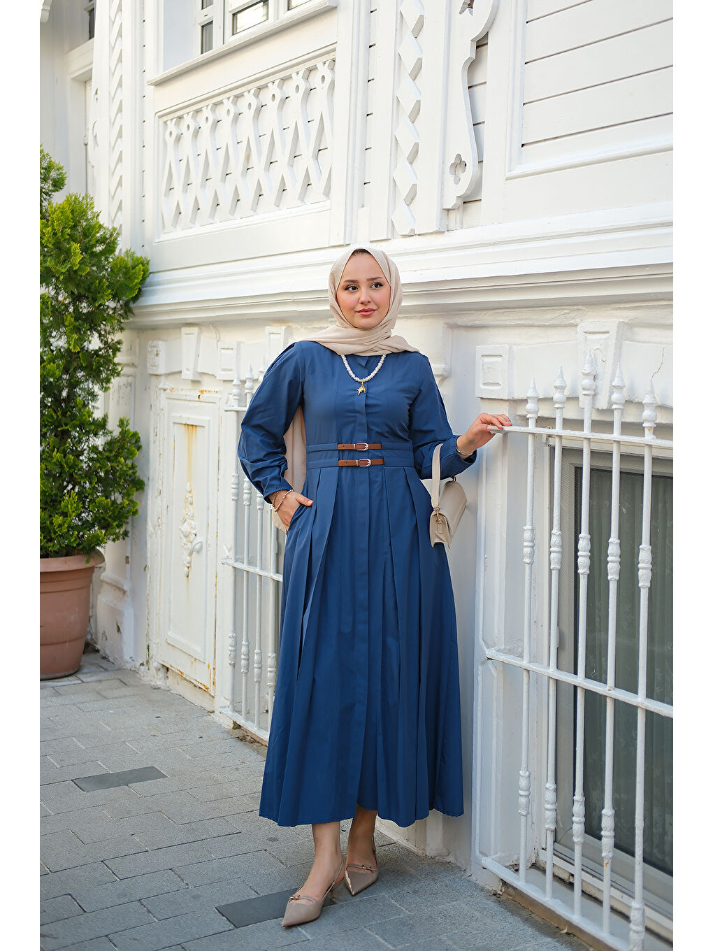 Kadın Çift Kemer Bağlamalı Elbise Lacivert-1