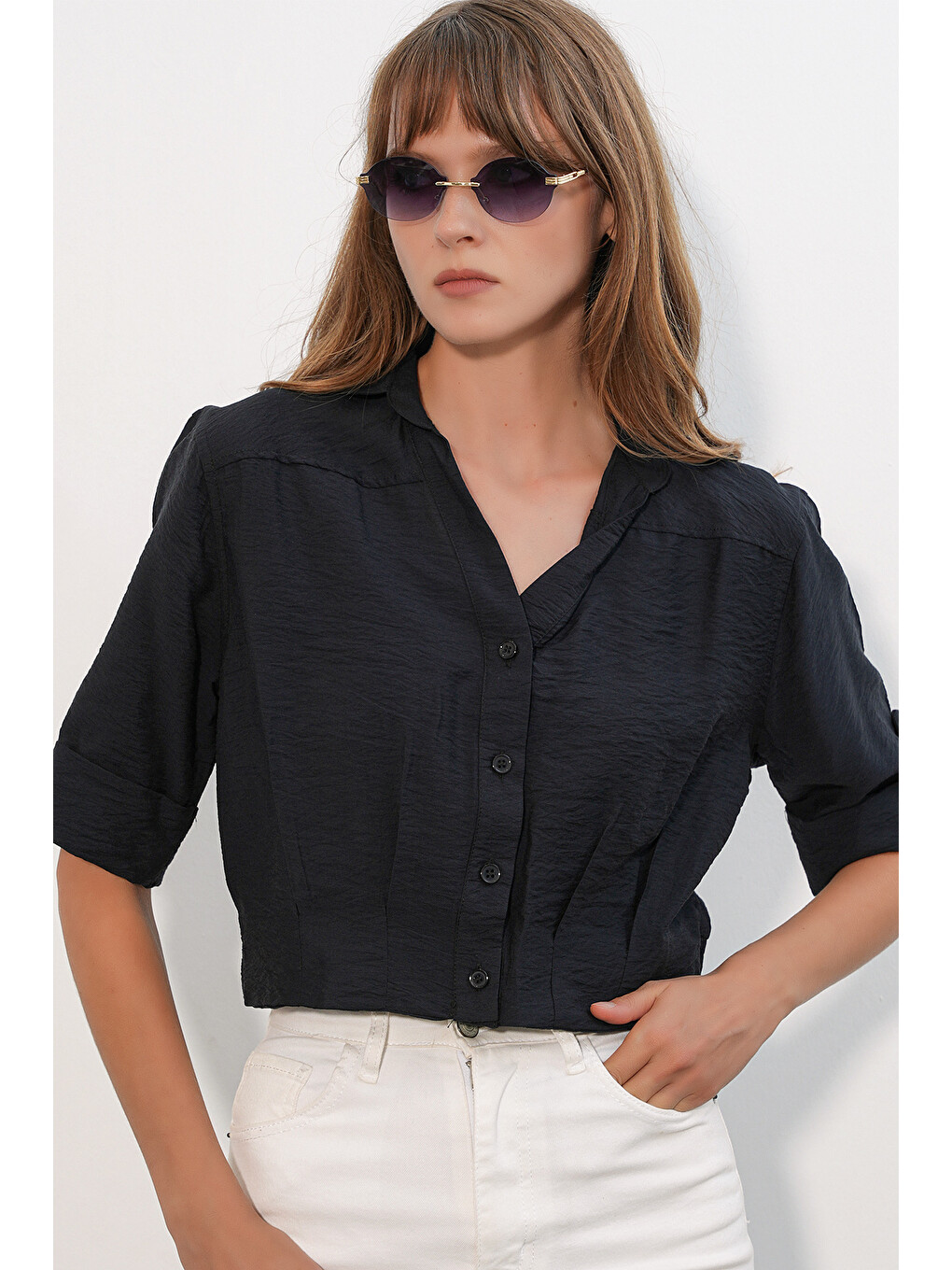 Kadın Crop Oversize Gömlek 20390 - Siyah-2