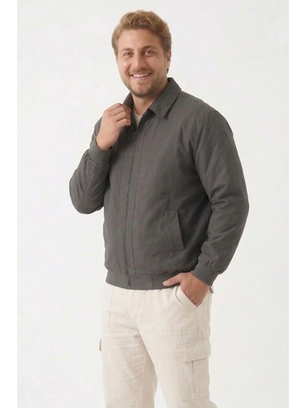 Gri Erkek Dik Yaka Fermuarlı Basic Bomber Mont Ceket-1