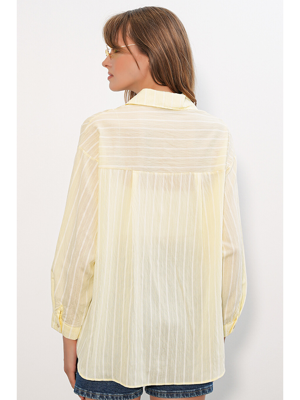 Kadın Çizgili Oversize Gömlek 20293 - Sarı-6