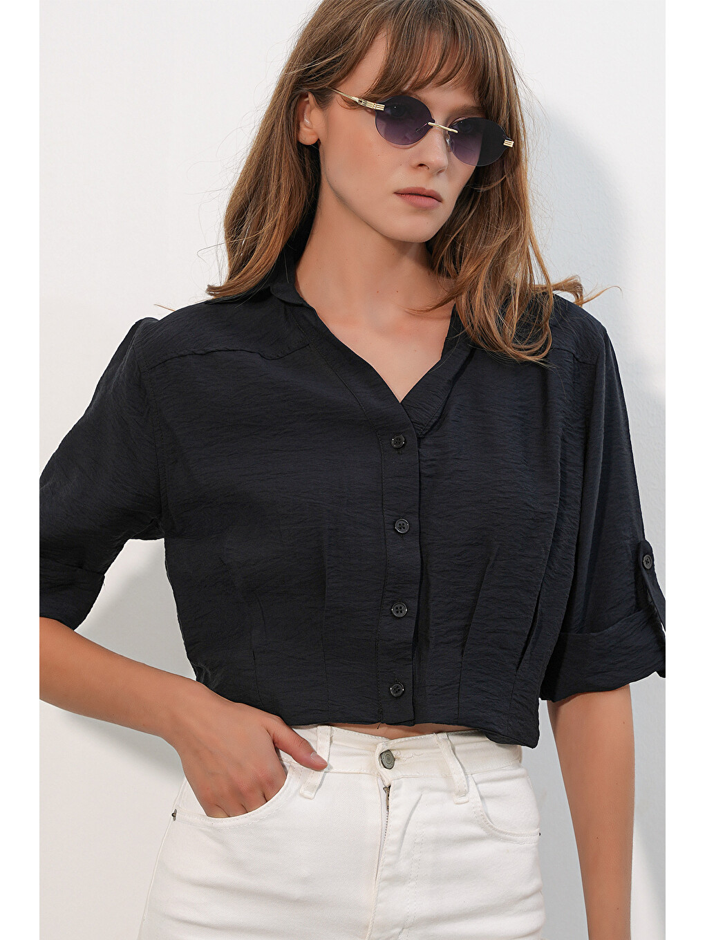 Kadın Crop Oversize Gömlek 20390 - Siyah-3