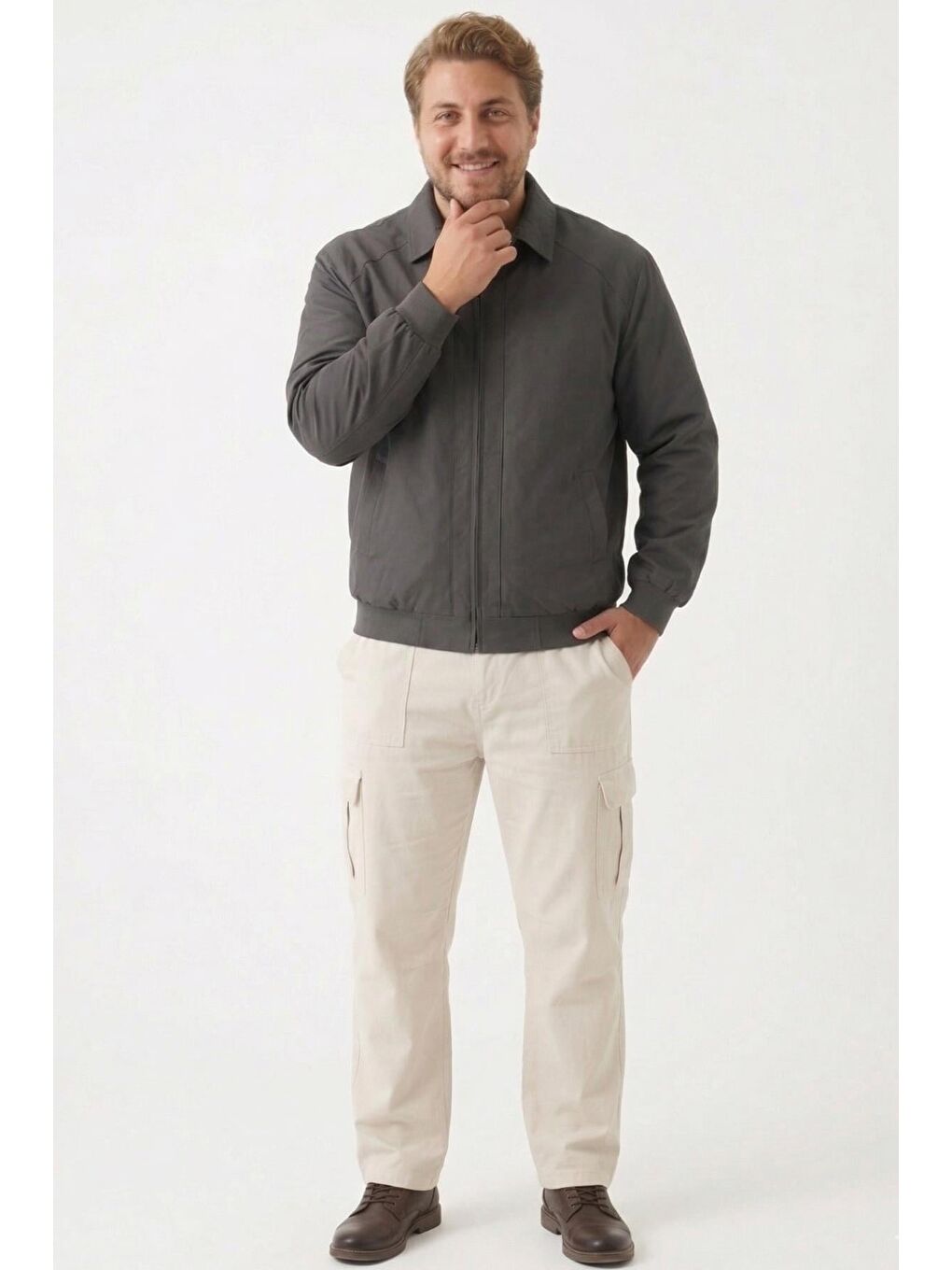 Gri Erkek Dik Yaka Fermuarlı Basic Bomber Mont Ceket-2