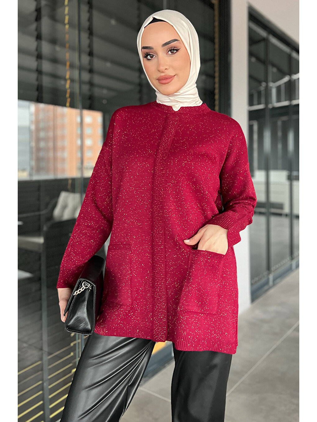 Bordo Kadın Ön Şerit Detaylı Işıltılı Tesettür Triko Tunik