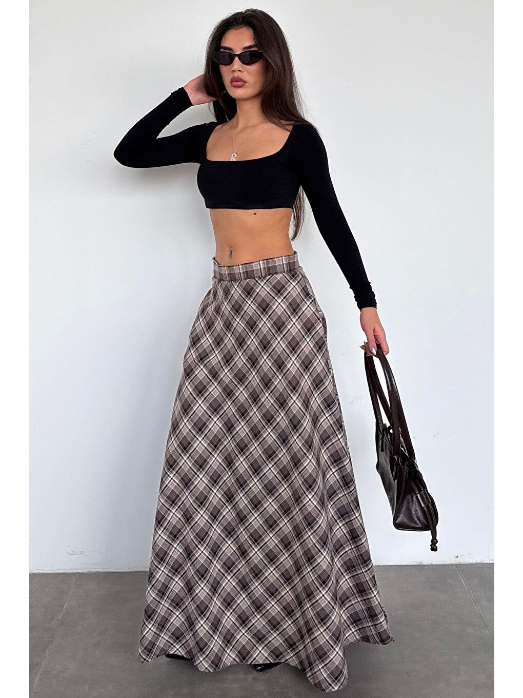 Kahverengi Ekose Desen Uzun Boy Etek Mg2648