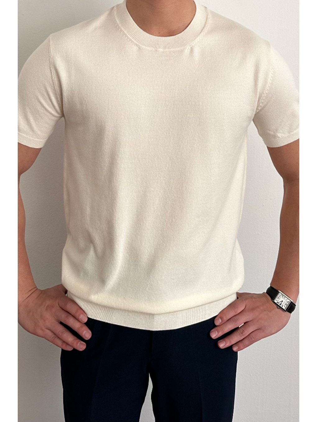 Erkek Beyaz Slim Fit Bisiklet Yaka Triko T-Shirt-1