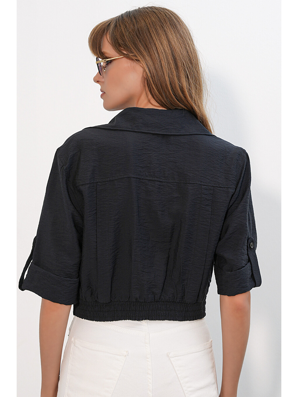 Kadın Crop Oversize Gömlek 20390 - Siyah-5