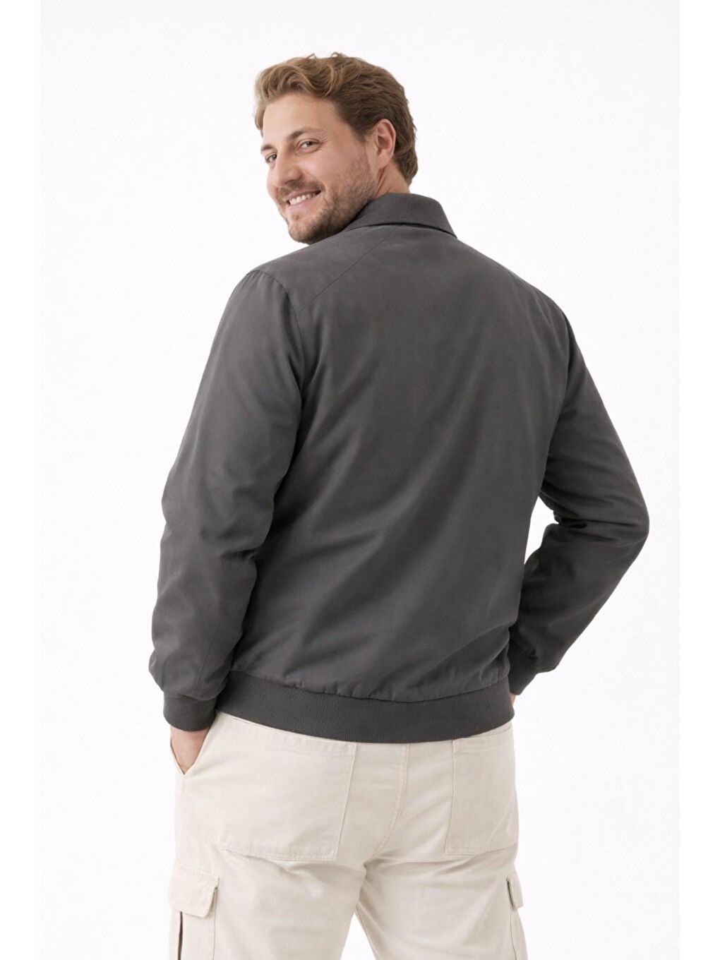 Gri Erkek Dik Yaka Fermuarlı Basic Bomber Mont Ceket-3