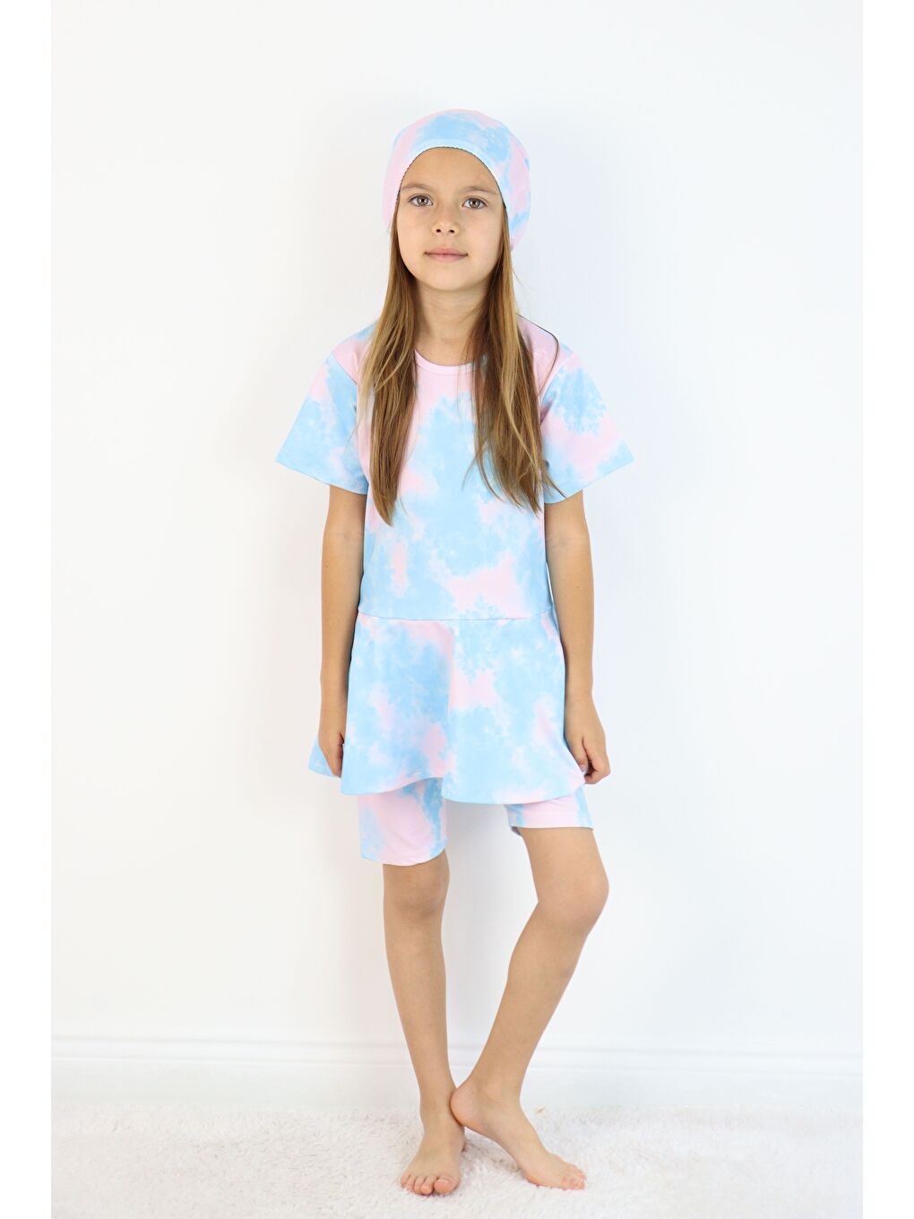 Pembe Kız Çocuk Bisiklet Yaka Etekli Mayo ve Tayt Bone-1