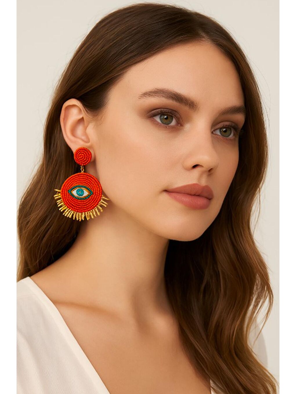 Kırmızı El Yapımı Boncuklu Şans Gözü Küpe