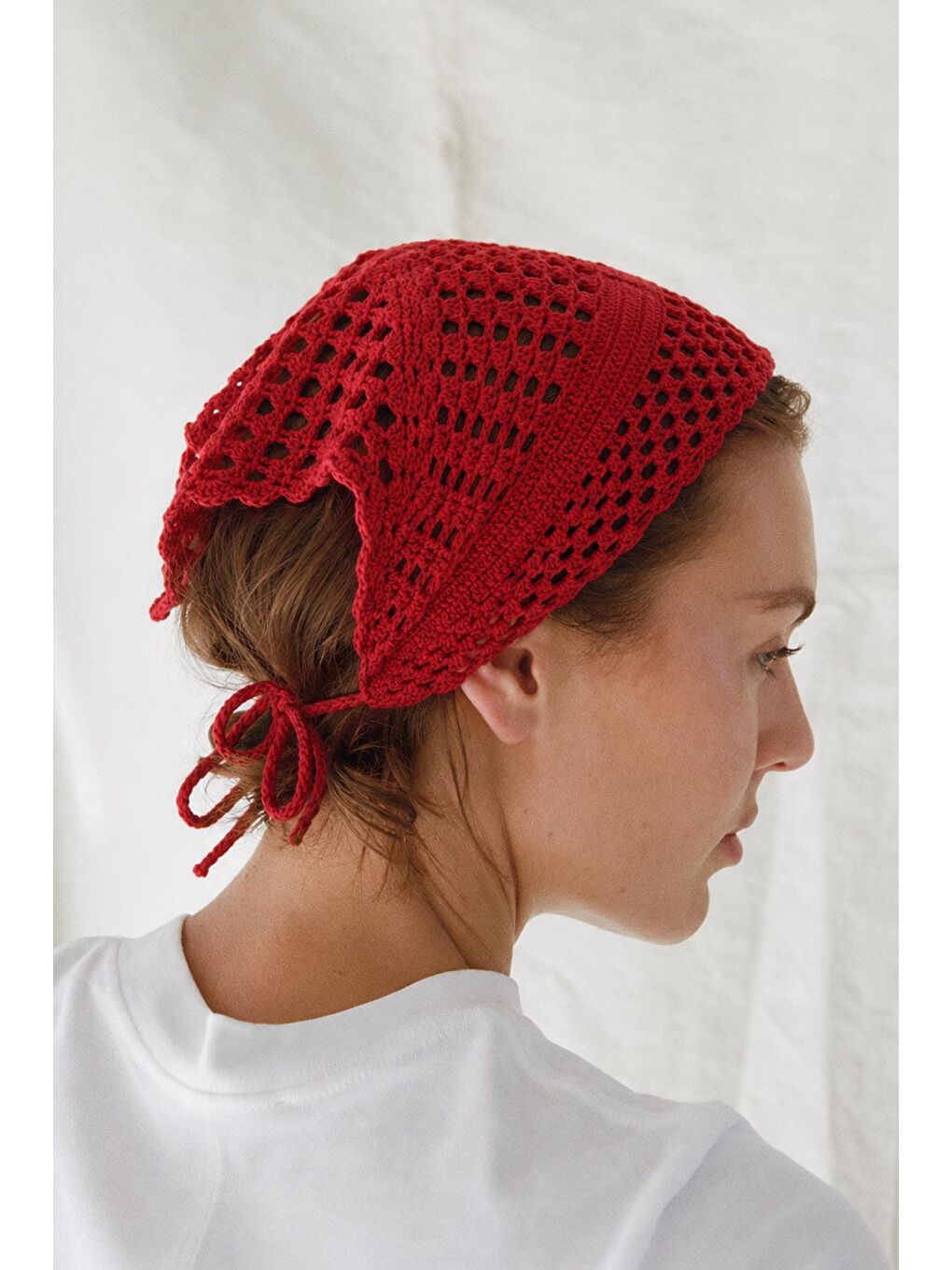 Kırmızı Düz Örgü Crochet Üçgen Bandana-2