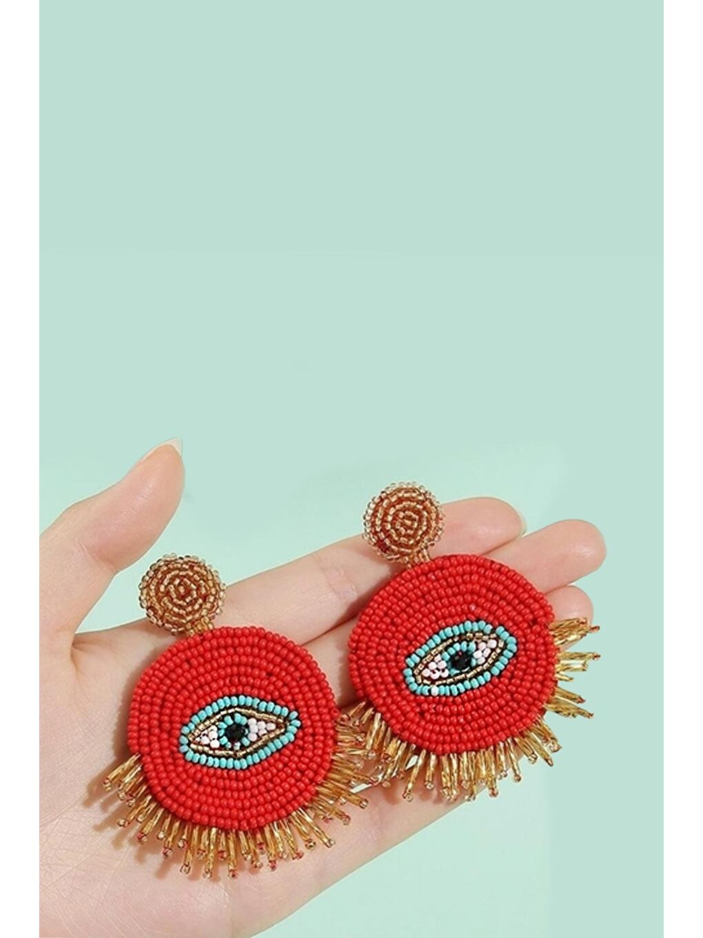 Kırmızı El Yapımı Boncuklu Şans Gözü Küpe-1