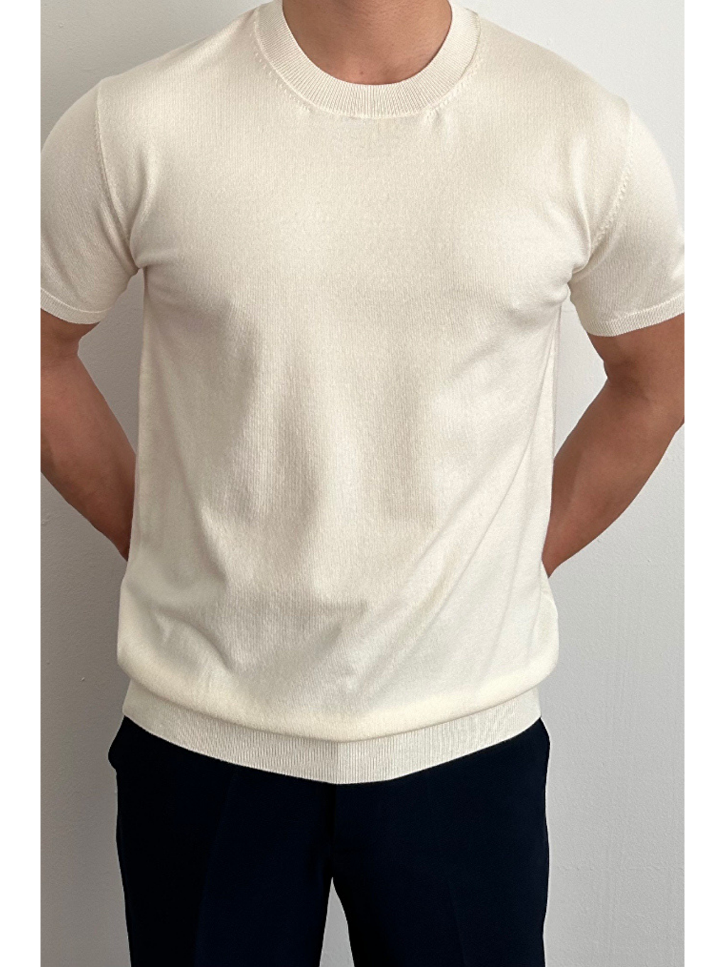 Erkek Beyaz Slim Fit Bisiklet Yaka Triko T-Shirt-2